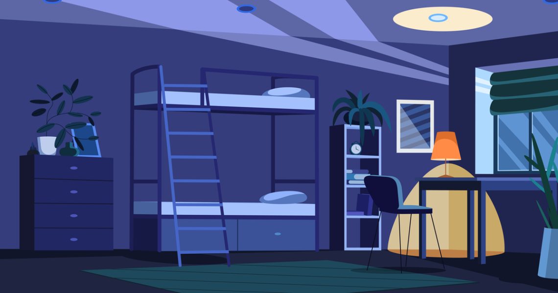 Flat student dormitory dark room or hostel. University or college dorm bedroom empty interior at night. Living apartment or accommodation with furniture, bunk bed, desk with lamp, chair and plants.